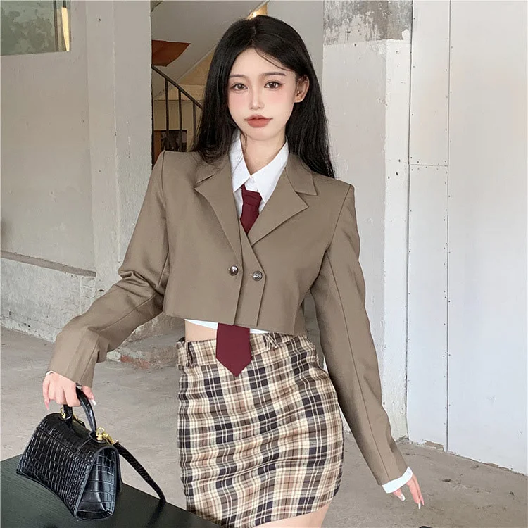 Vintage Jacket Shirt Plaid Skirt Tie Set - Modakawa Modakawa