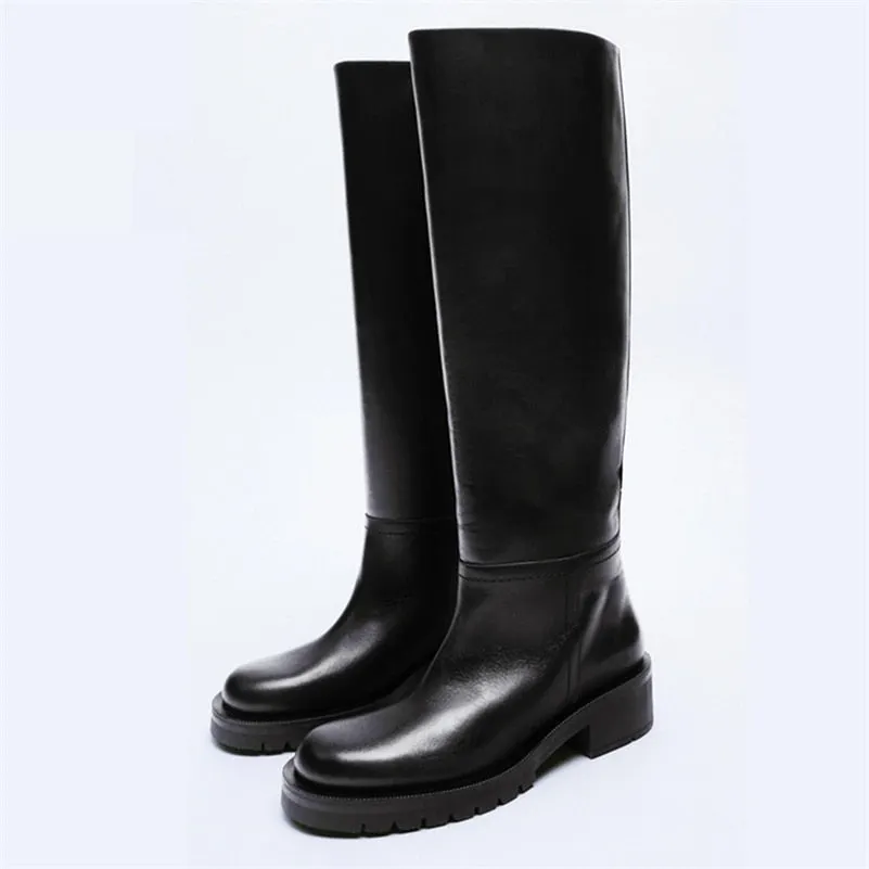 Meotina Women Genuine Leather Boots Round Toe Thick High Heel Platform Ladies Boots Knee High Boots Autumn Winter Apricot 34-42