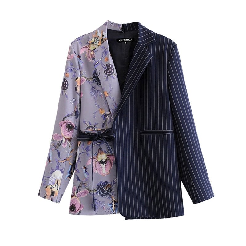 KPYTOMOA Women 2020 Fashion Office Wear Floral Print Patchwork Blazer Coat Vintage Pockets With Belt Female Outerwear Chic Tops
