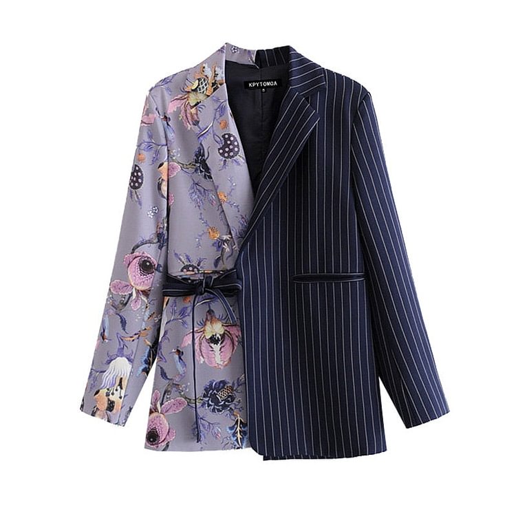 Women Fashion Office Wear Floral Print Patchwork Blazer Coat Vintage Pockets With Belt Female Outerwear Chic Tops - BlackFridayBuys