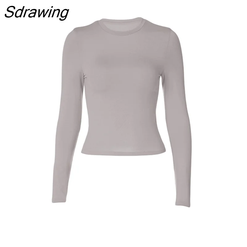Sdrawing Women's Basic Long Sleeve Crop Top Solid Color Crew Neck Cozy Stretchy Slim Fitted Cropped T Shirts Pullover Streetwear