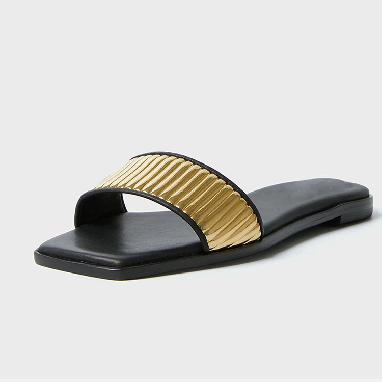 FSJ Black Square Toe Flats Gold Textured Slides for Women |FSJ Shoes