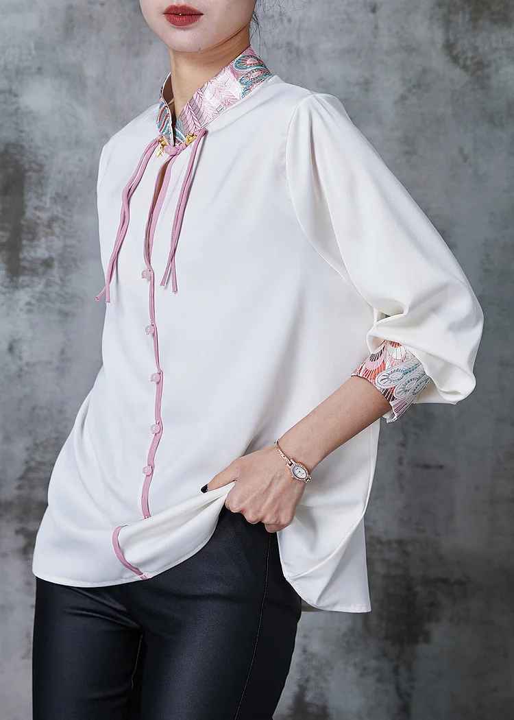 Vintage White Embroidered Chiffon Oriental Shirt Spring