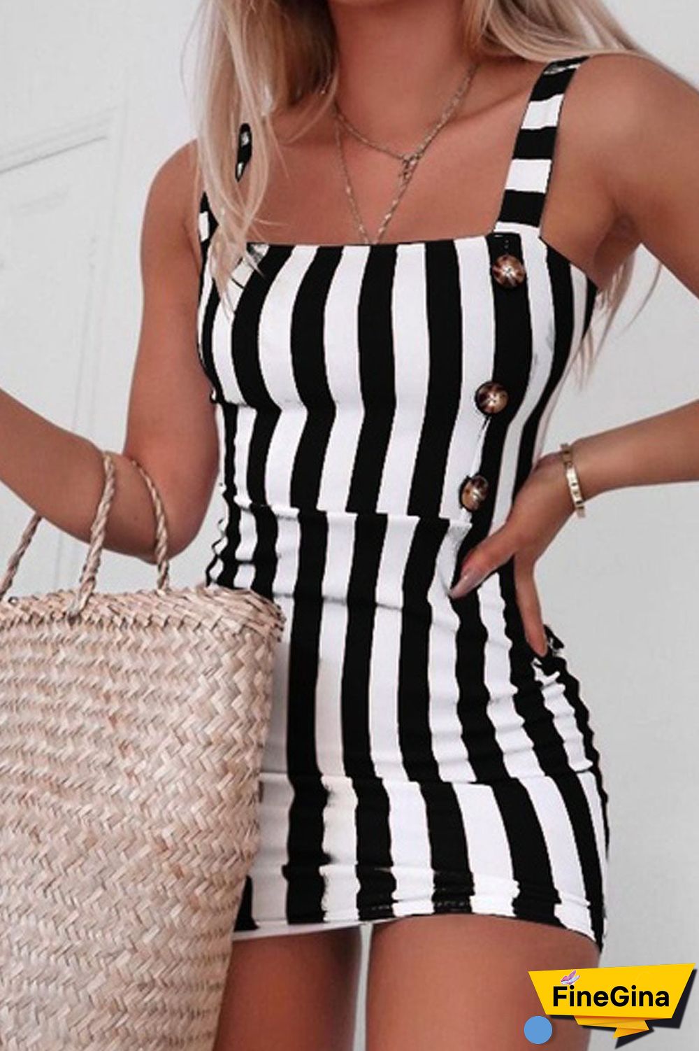 Halter Striped Print Button Mini Dress