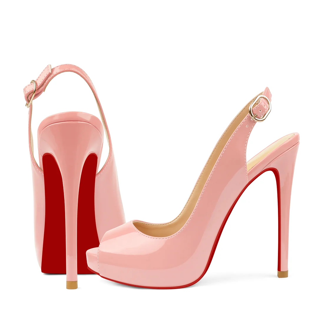 120mm Red Bottom Elastic Strap Slingback Sandals Peep Toe Platform Stilettos Black Patent Heels-MERUMOTE