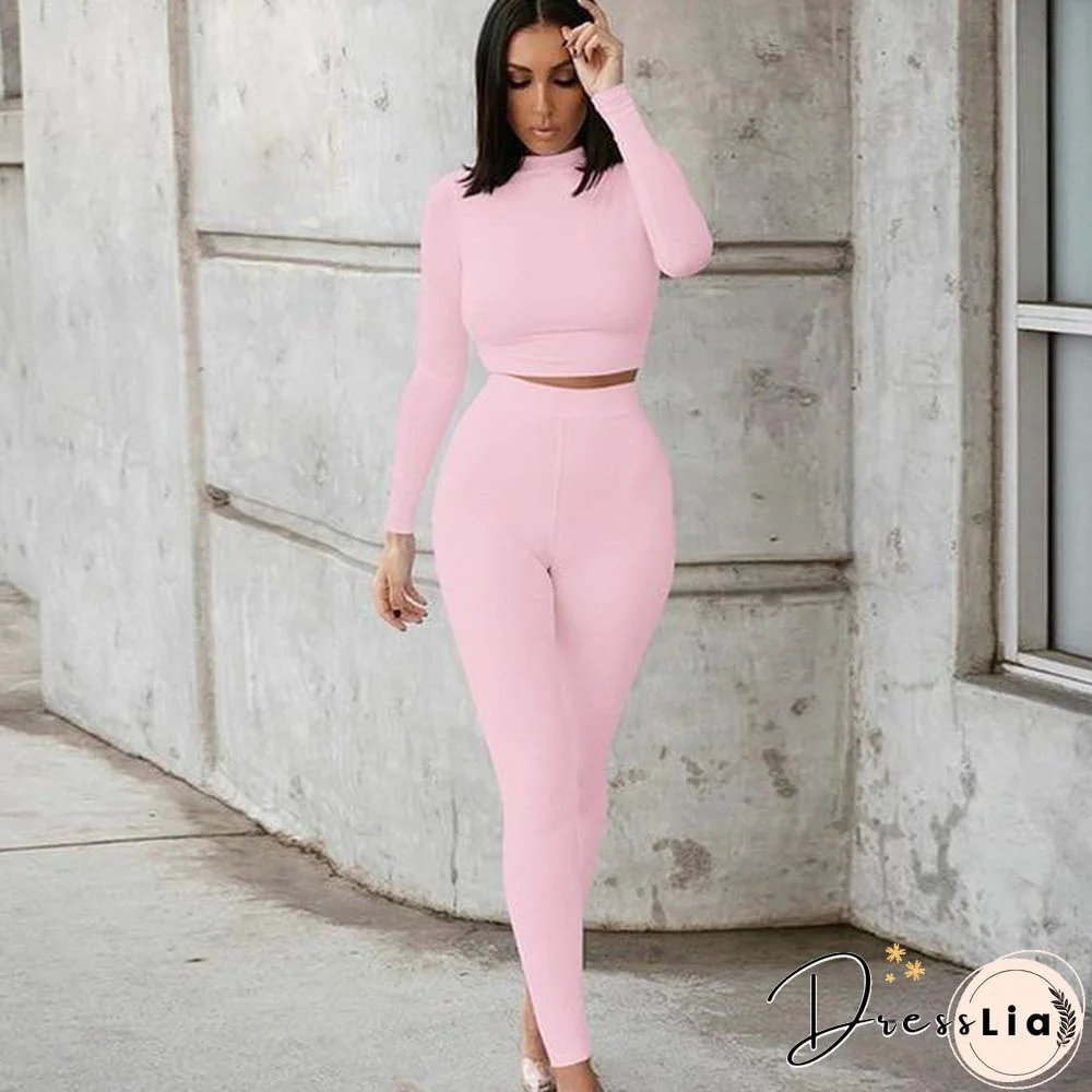 Winter Women Sport Fitness 2 Two Piece Set Outfits Long Sleeve Crop Tops Tshirt Leggings Pants Set Bodycon Tracksuit