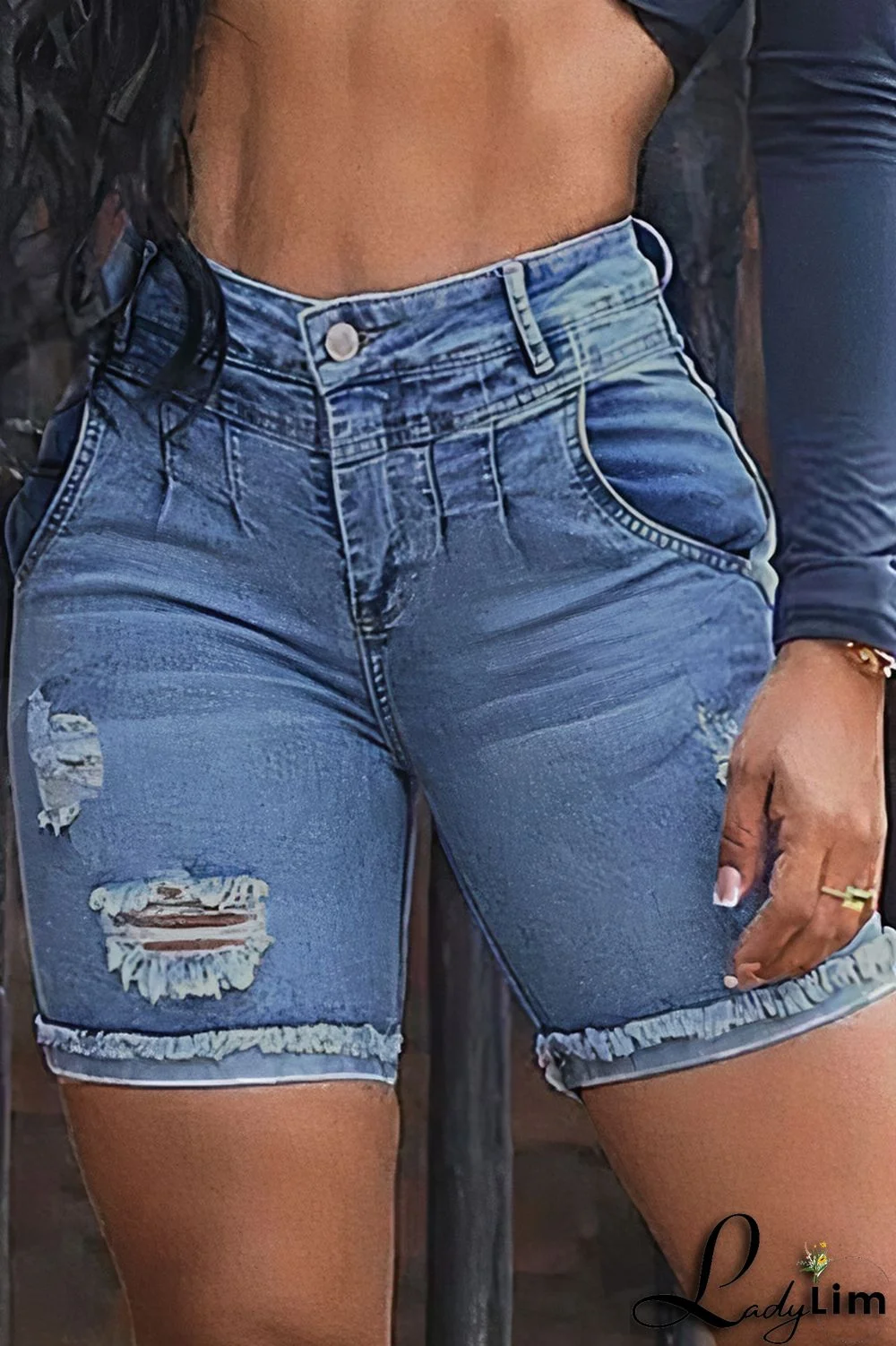 Ripped Raw Edge High Waist Denim Shorts