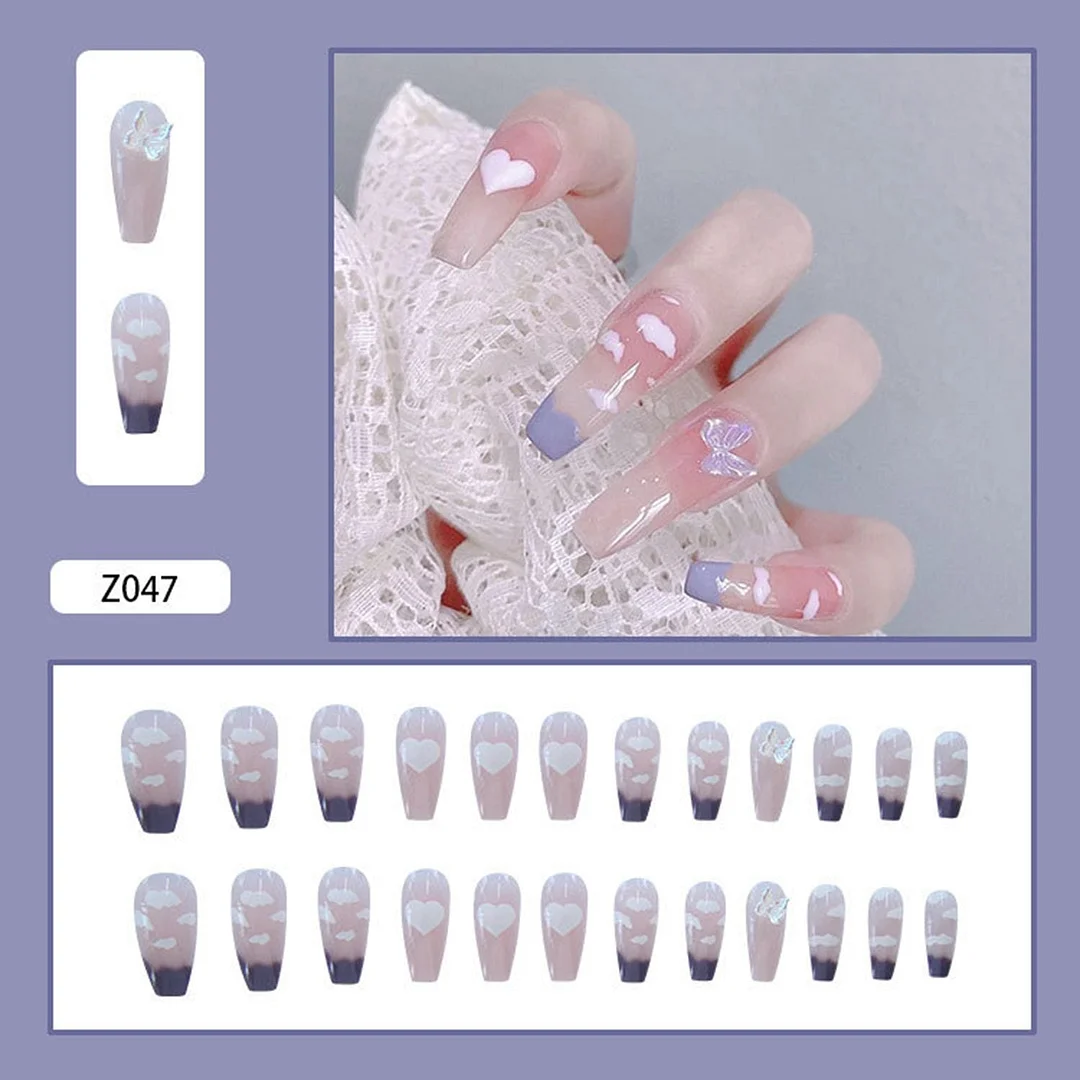 24Pcs French False Nails with Butterfly Rhinestone Designs Long Coffin Artificial Fake Nails Press on Nails With Glue Manicure 0917-Nail Inspo