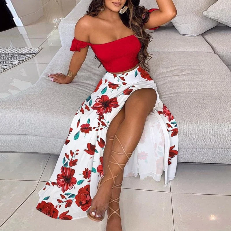 CM.YAYA Women Boho Elegant High Side Split Maxi Long Skirts Suit with Strapless Crop Tops Matching Two 2 Piece Set Outfits 2022