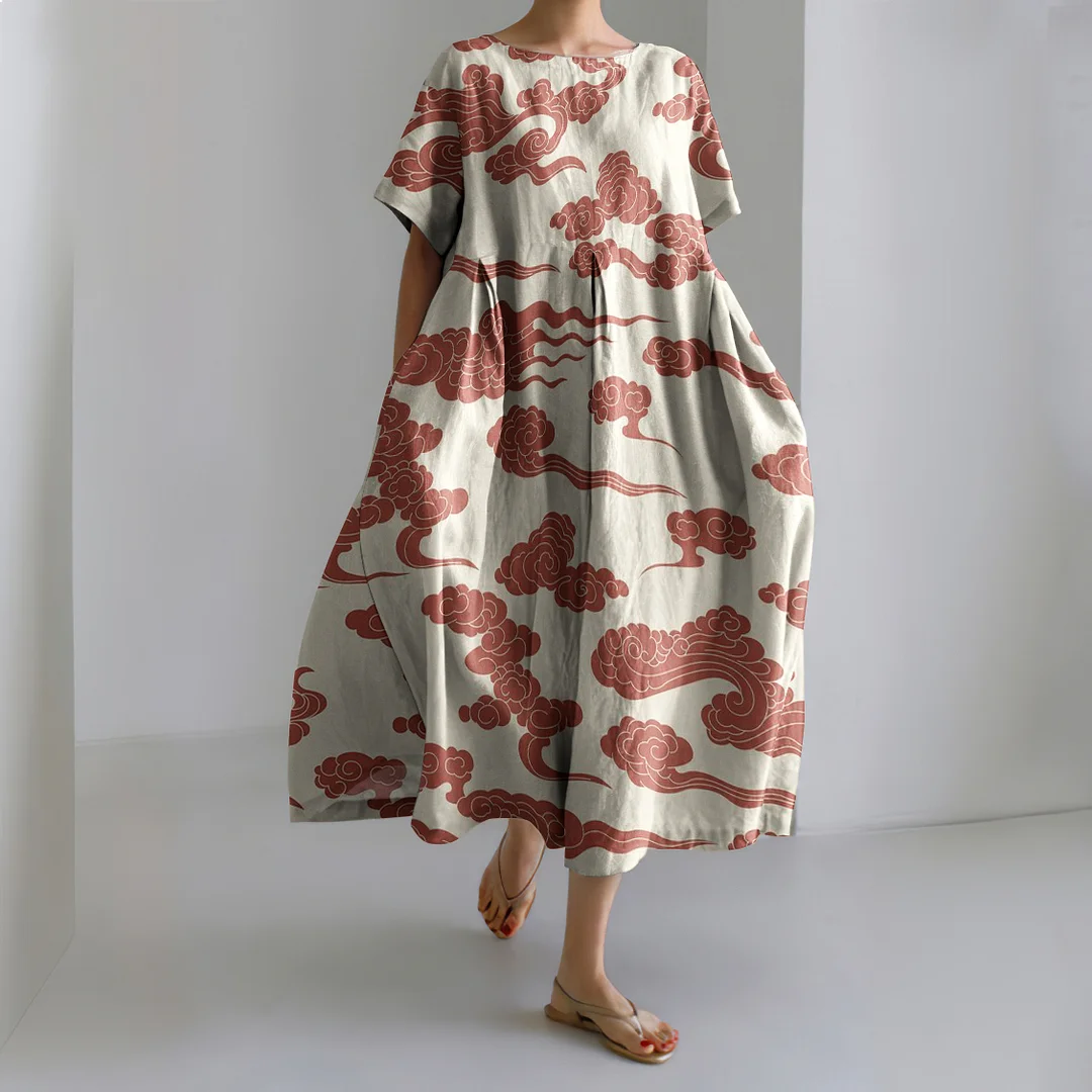 Japanese Art Cloud Print Loose Casual Midi Dress