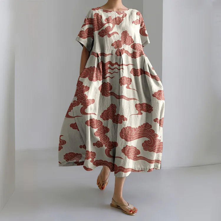 Comstylish Japanese Art Cloud Print Loose Casual Midi Dress