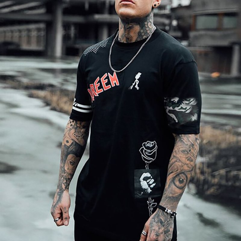 New Mens Irregular Printing Round Neck Short Sleeve T-shirt