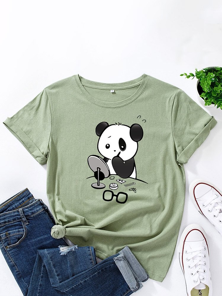 Cartoon Panda Print O neck Short Sleeve Casual T Shirt For Women P1832885