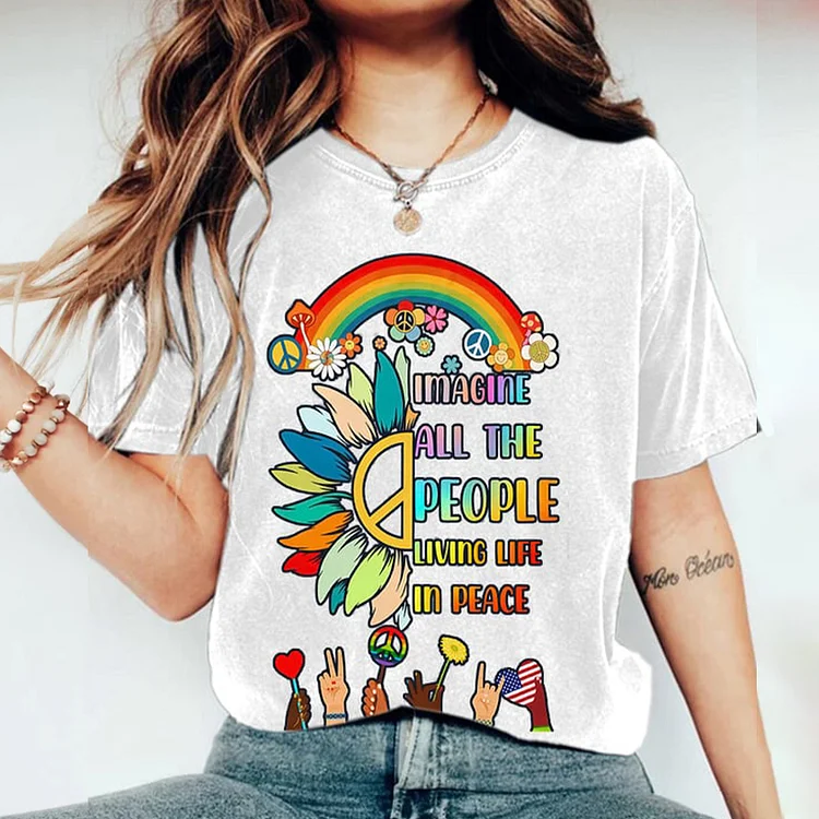 VChics Retro Hippie Imagine All The People Living Life In Peace Print T-Shirt