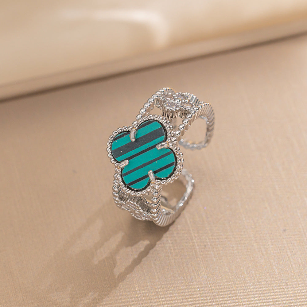 Ring Niche Four-Leaf Clover Zircon Ring Female Retro Open Adjustable Ring