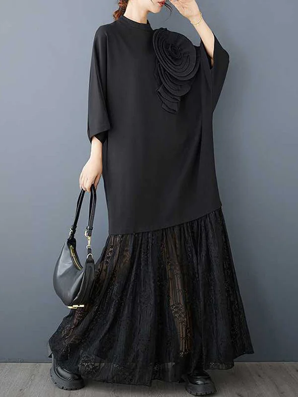 Vogue Black Mock Neck Three-Dimensional Flower Half Batwing Sleeve Lace Ruffled Hem Dress