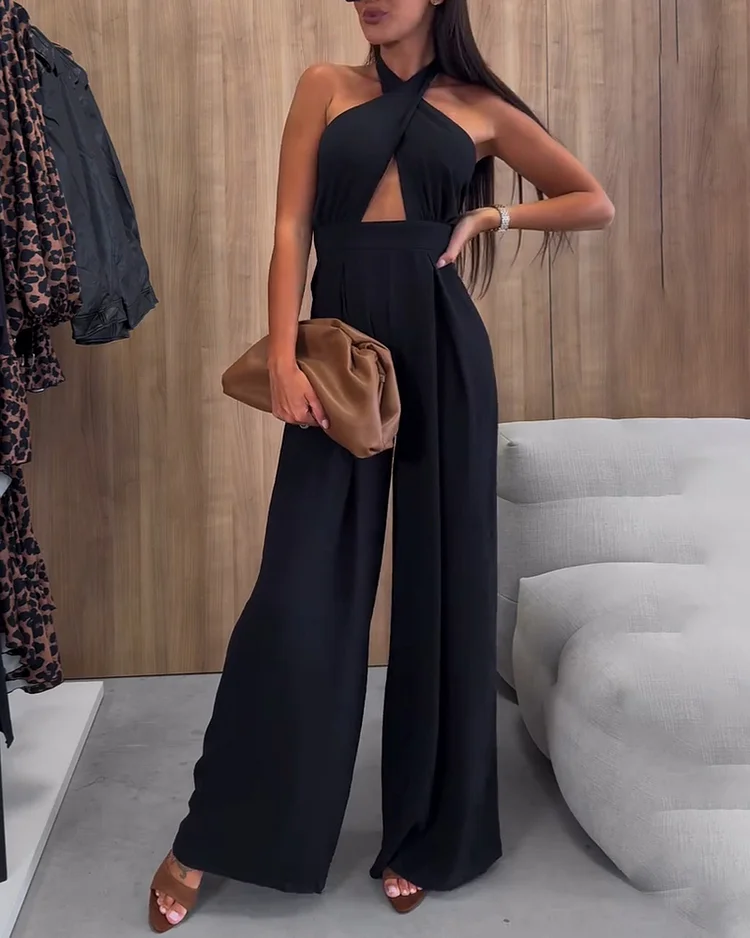 Women's solid color halter neck jumpsuit