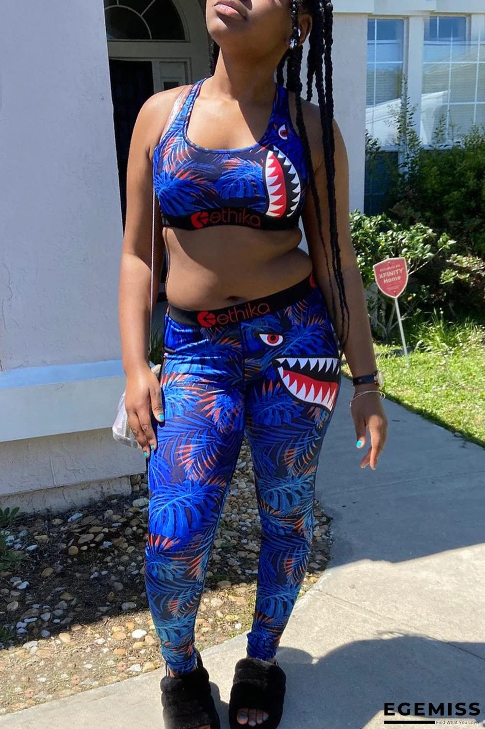 Light Blue Fashion Sportswear Sleeveless O Neck Off The Shoulder Short Print Two Pieces | EGEMISS