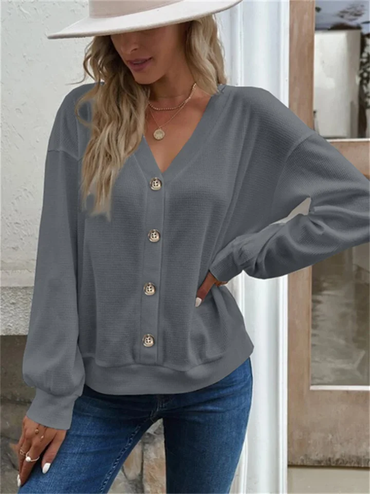 Autumn and Winter Women's Temperament Commuter Solid Color Buttons V-neck Loose Long-sleeved Comfortable Casual T-shirt Women