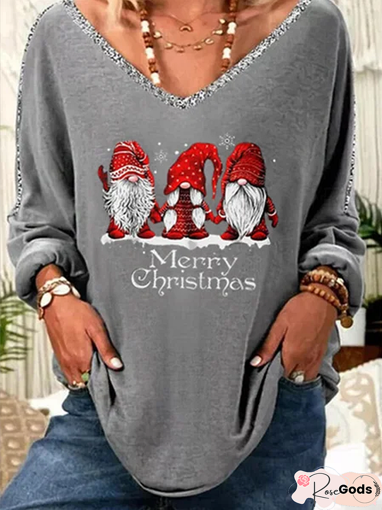 Christmas Santa Claus Cotton Blends Casual V Neck Tops