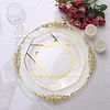 10 Pack | 10" Clear / Gold Geometric Design Plastic Dinner Plates, Disposable Octagon Party Plates