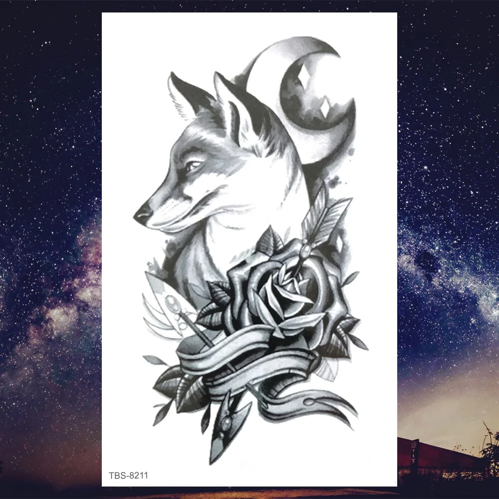 Sdrawing Henna Fake Temporary Tattoos For Men Women Black Creative Wolf Tattoo Sticker Geometric Tribe Owl Skeleton Tatoos Body Arms