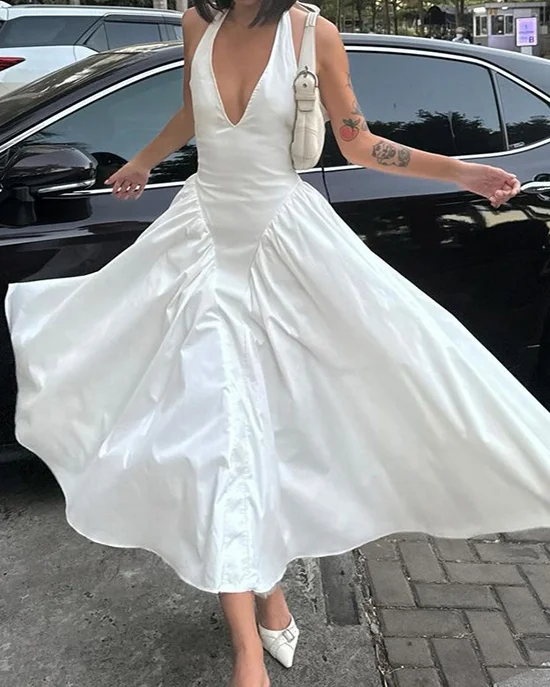V-neck Halter Neck Solid Color Fashionable Dress