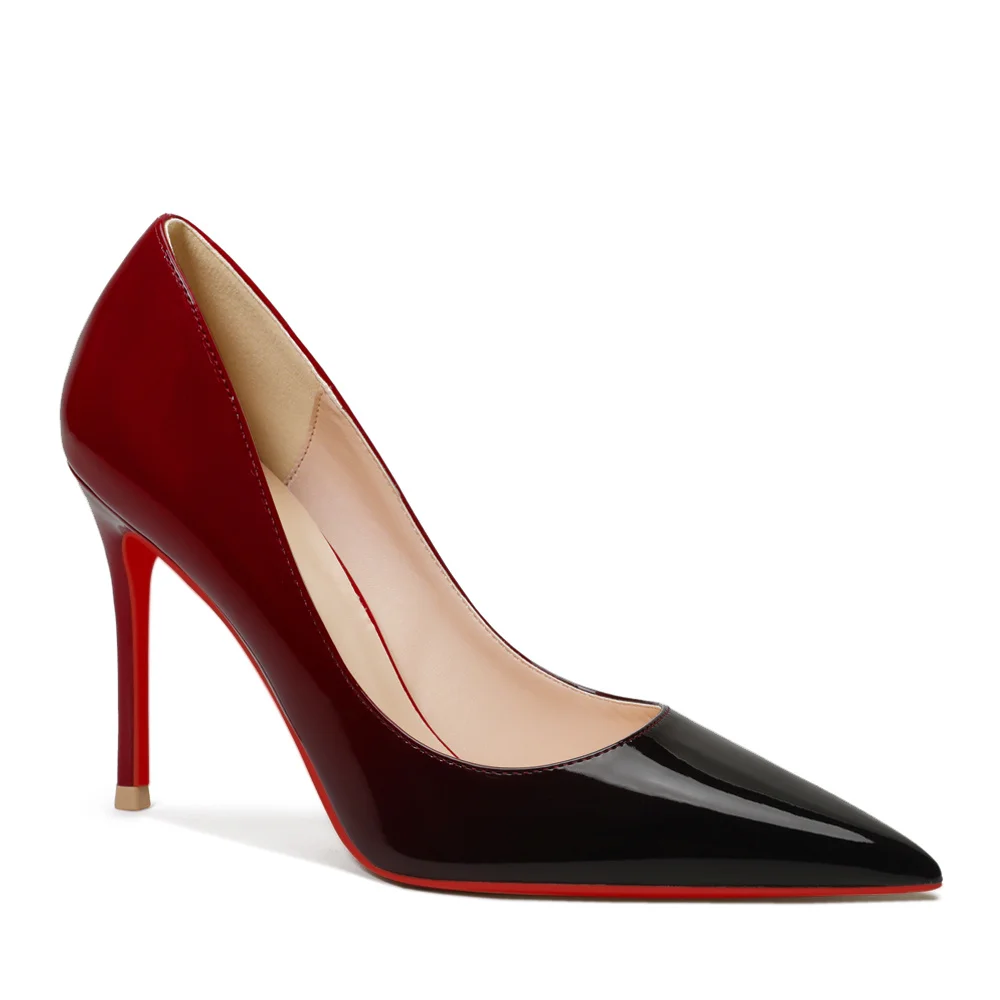 100mm Women's Red Bottom Pointed Toe Gradient High Heels Party Daily Wedding Patent Pumps-MERUMOTE