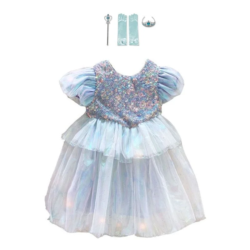 Summer Pretty Girls Dress Birthday Party Cartoon Princess Dress Lace Kids Ball Gown Elegant Dress Cute Casual Dress Size 4-10T