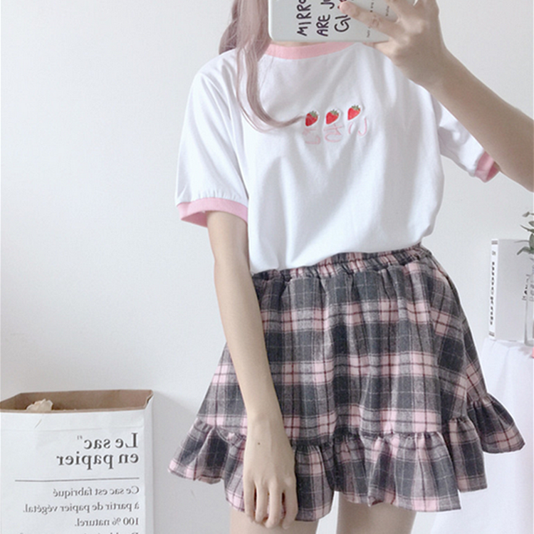 Strawberry Embroidered Top Plaid Skirt Two Piece Set - Modakawa Modakawa