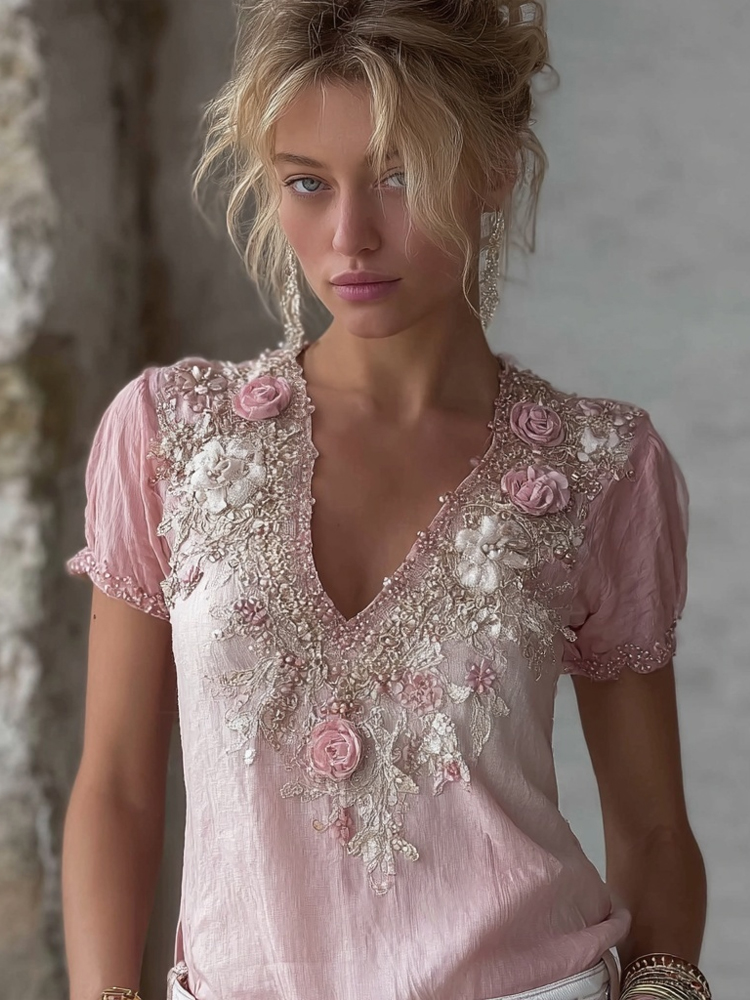 Vintage Pink Boho Roses Art Comfy Linen T Shirt wearshes