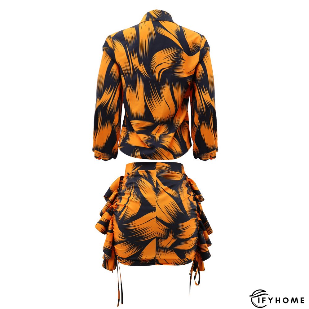 Printed Puff Sleeve Shirt Short Skirt Plus Size Two-Piece Set | IFYHOME