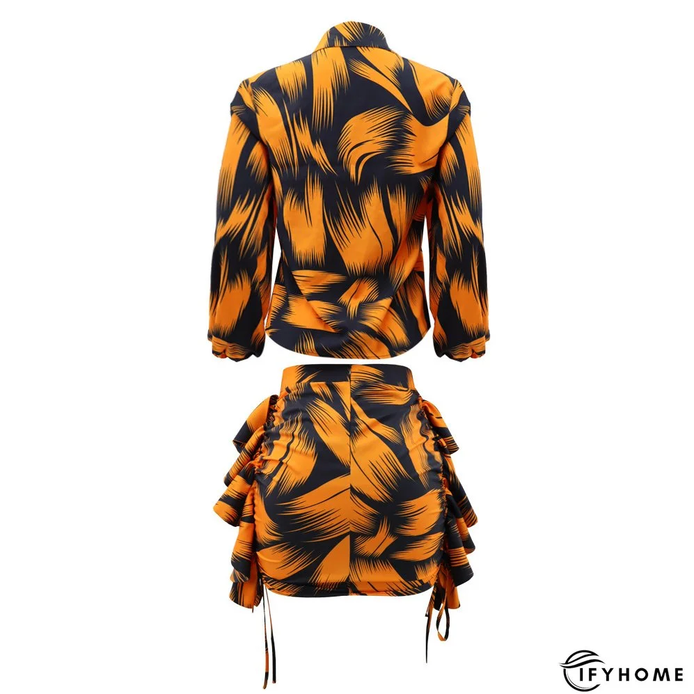 Printed Puff Sleeve Shirt Short Skirt Plus Size Two-Piece Set | IFYHOME