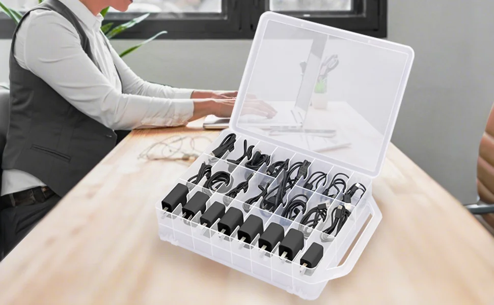 A storage box that can be placed on the office desktop to store the charging cable and charging head