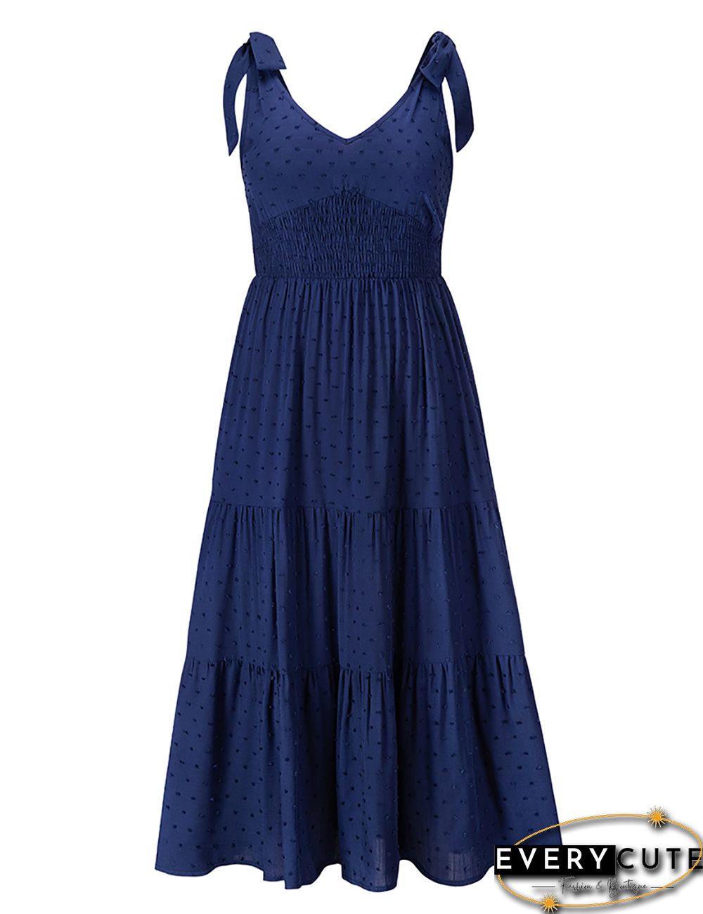 Navy Blue Cotton Blend Slim Waist Jacquard Long Dress
