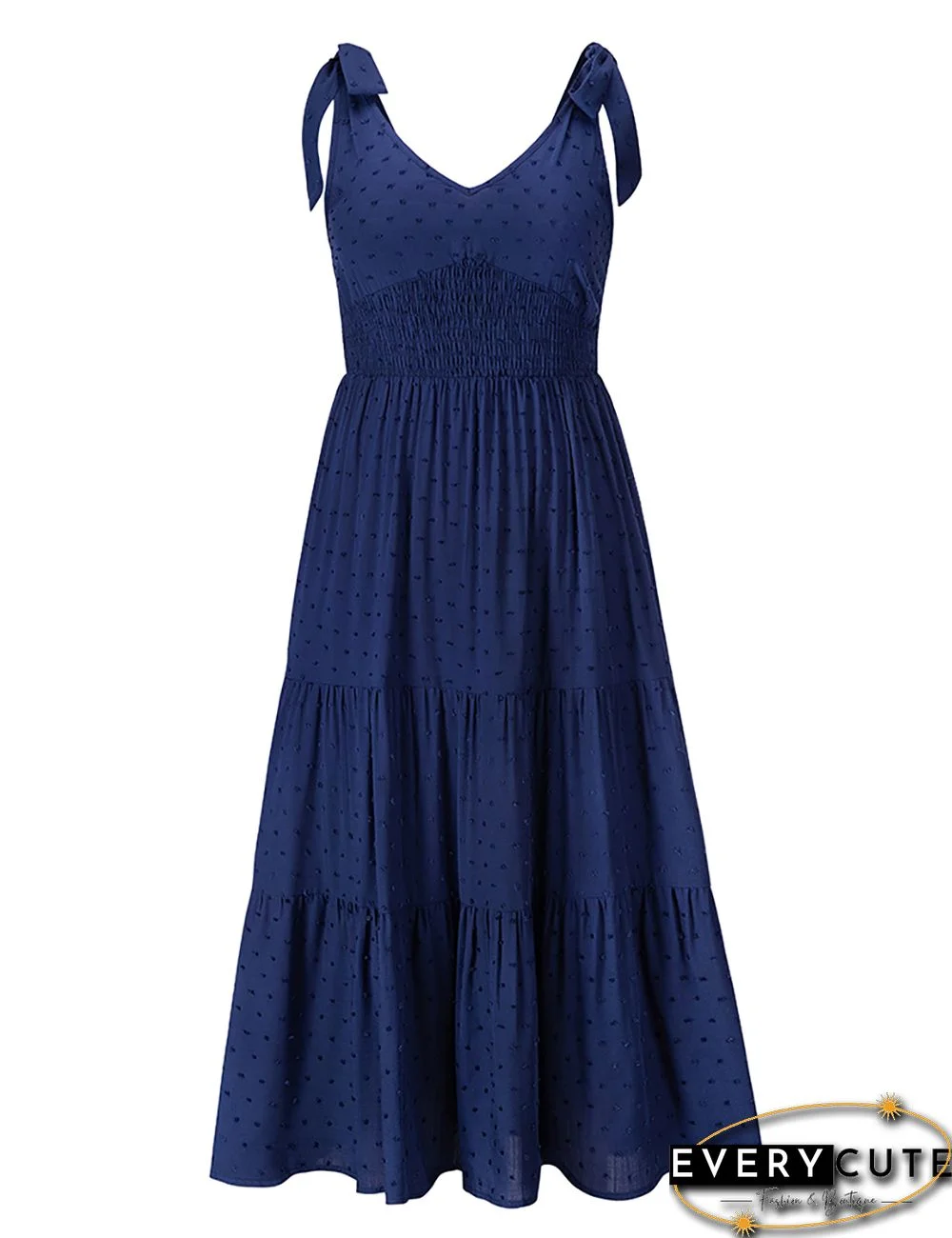 Navy Blue Cotton Blend Slim Waist Jacquard Long Dress