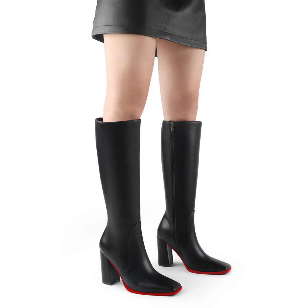 95mm Women's Knee Boots Red Bottom Block Chunky Heels Zipper Fashion Sexy Daily Matte Boot-MERUMOTE