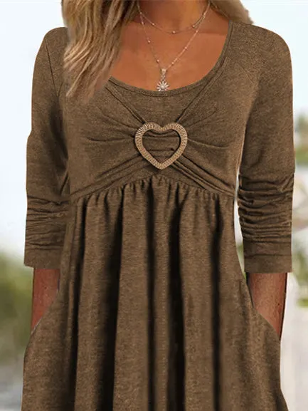Women's Plain Regular Fit Crew Neck Pockets Casual Midi Dress