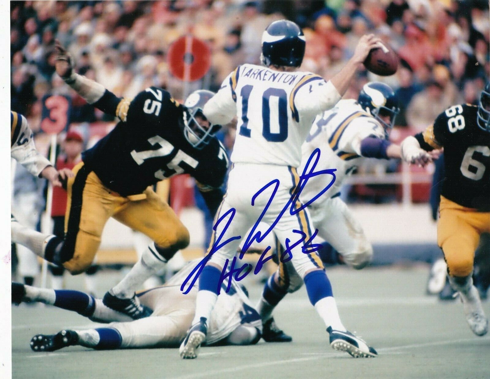 FRAN TARKENTON MINNESOTA VIKINGS HOF 86 ACTION SIGNED 8x10 Photo Poster painting