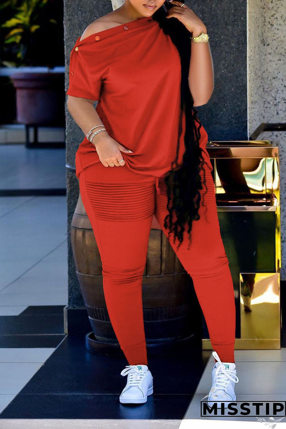 Black Casual Solid Patchwork Oblique Collar Short Sleeve Two Pieces