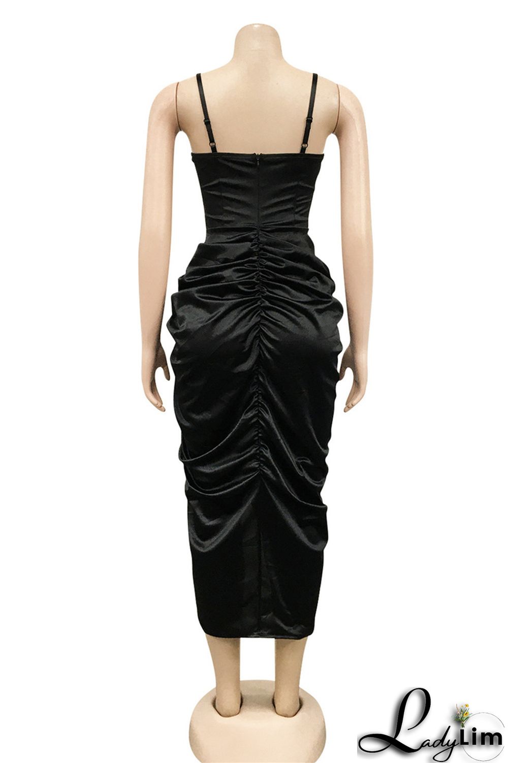 Brownness Fashion Sexy Solid Patchwork Backless Fold Spaghetti Strap Sleeveless Dress