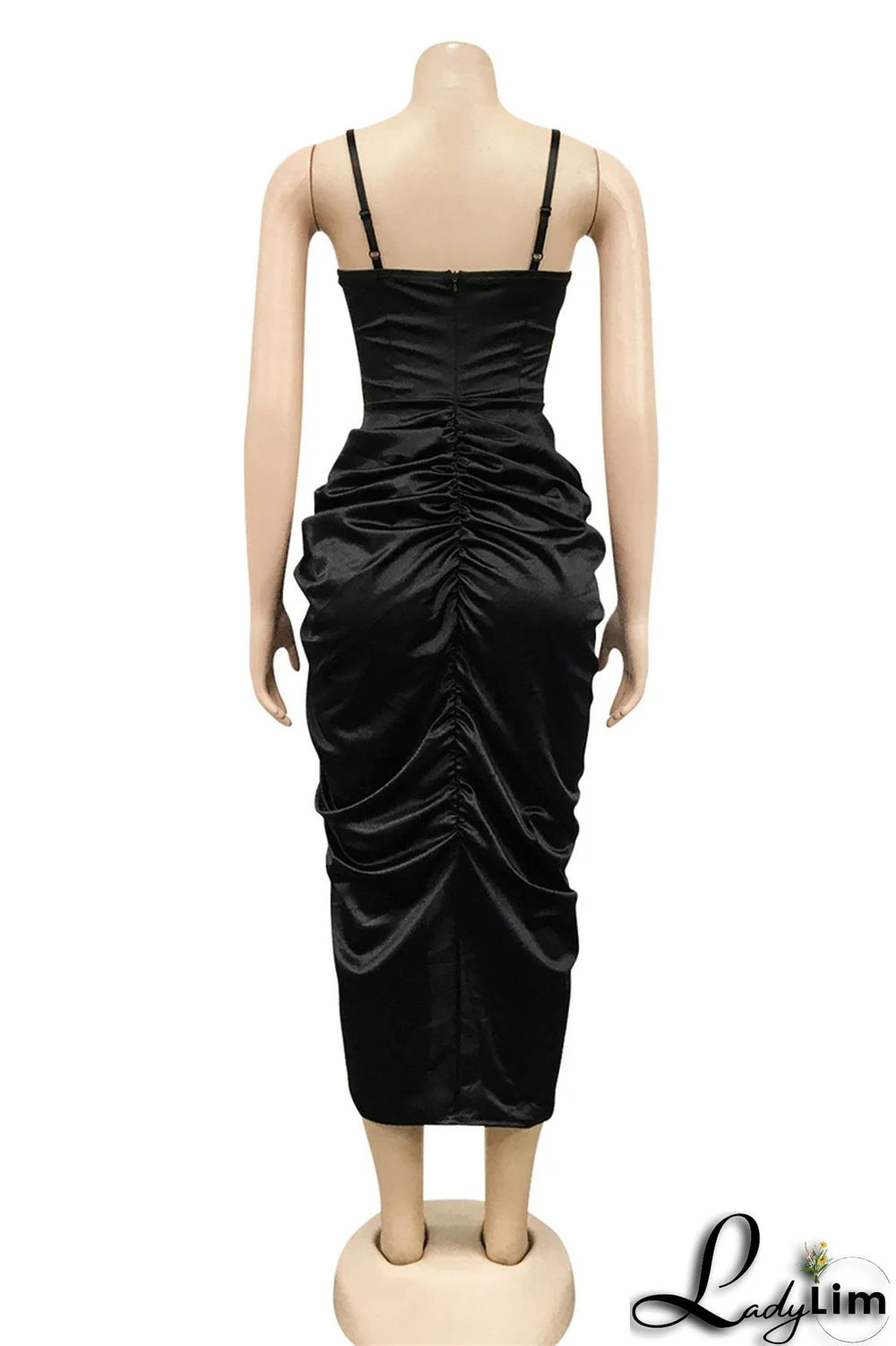 Brownness Fashion Sexy Solid Patchwork Backless Fold Spaghetti Strap Sleeveless Dress