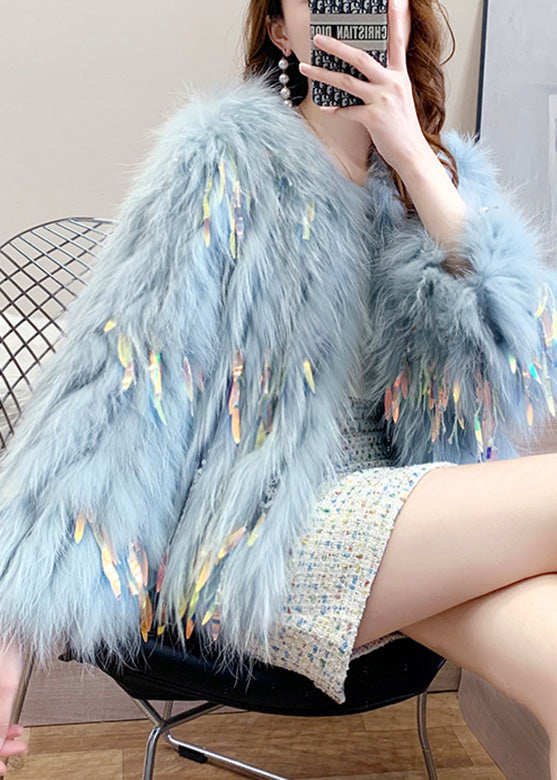 VCSHOES Blue Grey O-Neck Tassel Leather And Fur Coats Winter