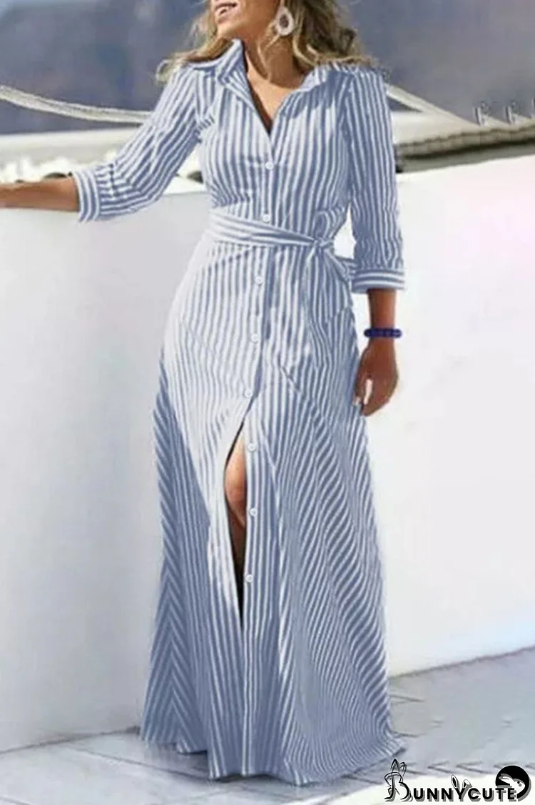 Blue Casual Striped Patchwork Turndown Collar Shirt Dress Dresses