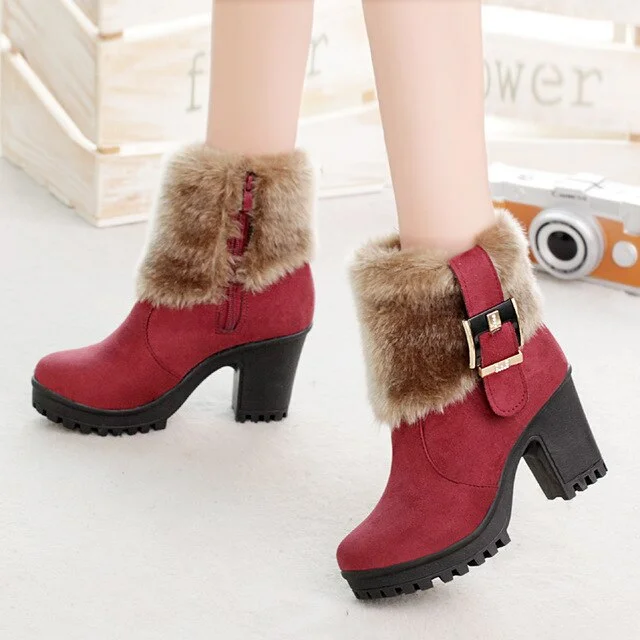Red Wine/Black/Khaki Buckle Warm Fur Black Platform Snow Square Heel Boots BE567