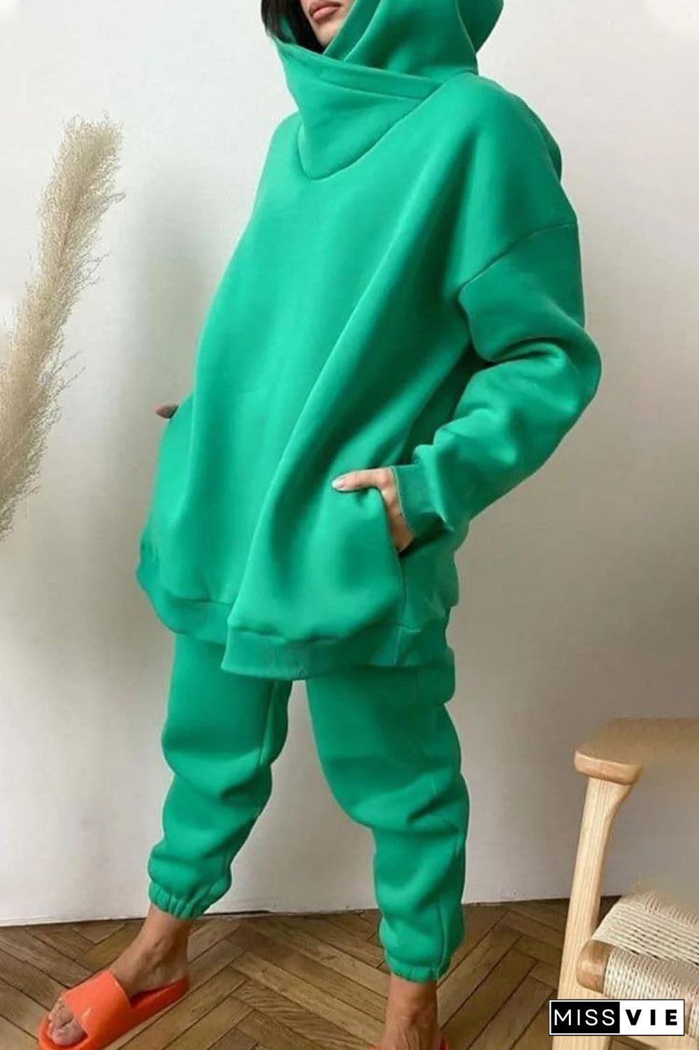 Casual Solid Pocket Hooded Collar Long Sleeve Two Pieces