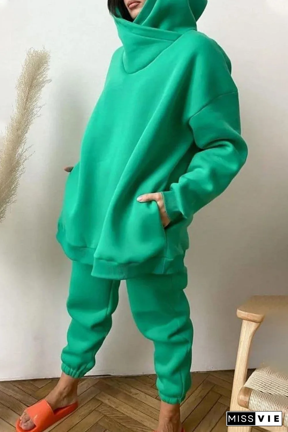 Casual Solid Pocket Hooded Collar Long Sleeve Two Pieces