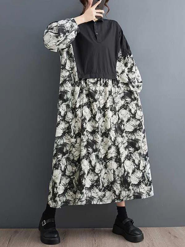 Long Sleeves Loose Buttoned Printed Split-Joint Lapel Midi Dresses