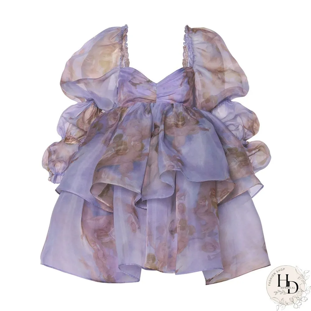 Sweet Girl Moonlight Dress Vintage Backless Long Puff sleeve Ruffles Layered A-line Women