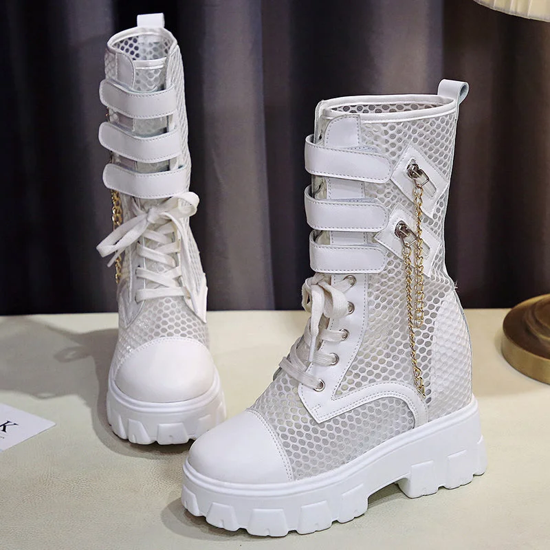 Chunky Platform Motorcycle Boots Women 2022 Summer Breathable Air Mesh Mid Calf Boots Woman Punk Height Increasing Shoes